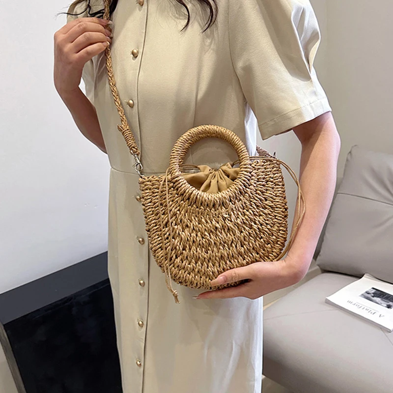 2026 NEW Summer Women Handmade Weave Straw Rattan Half-Moon Beach Handbag Large Capacity Hollow Crossbody Shoulder Bag