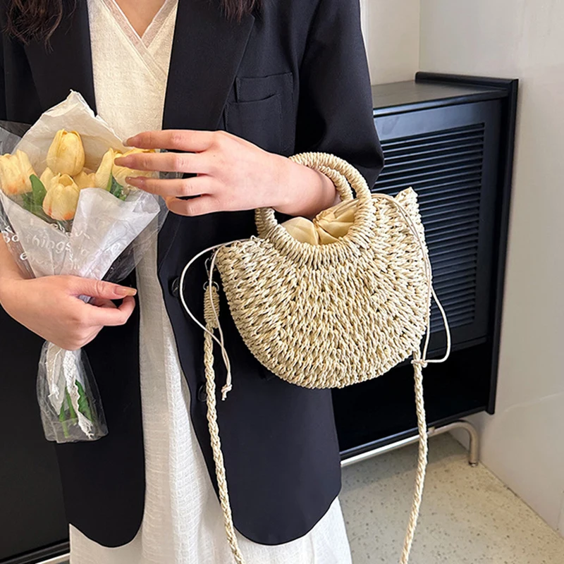 2026 NEW Summer Women Handmade Weave Straw Rattan Half-Moon Beach Handbag Large Capacity Hollow Crossbody Shoulder Bag