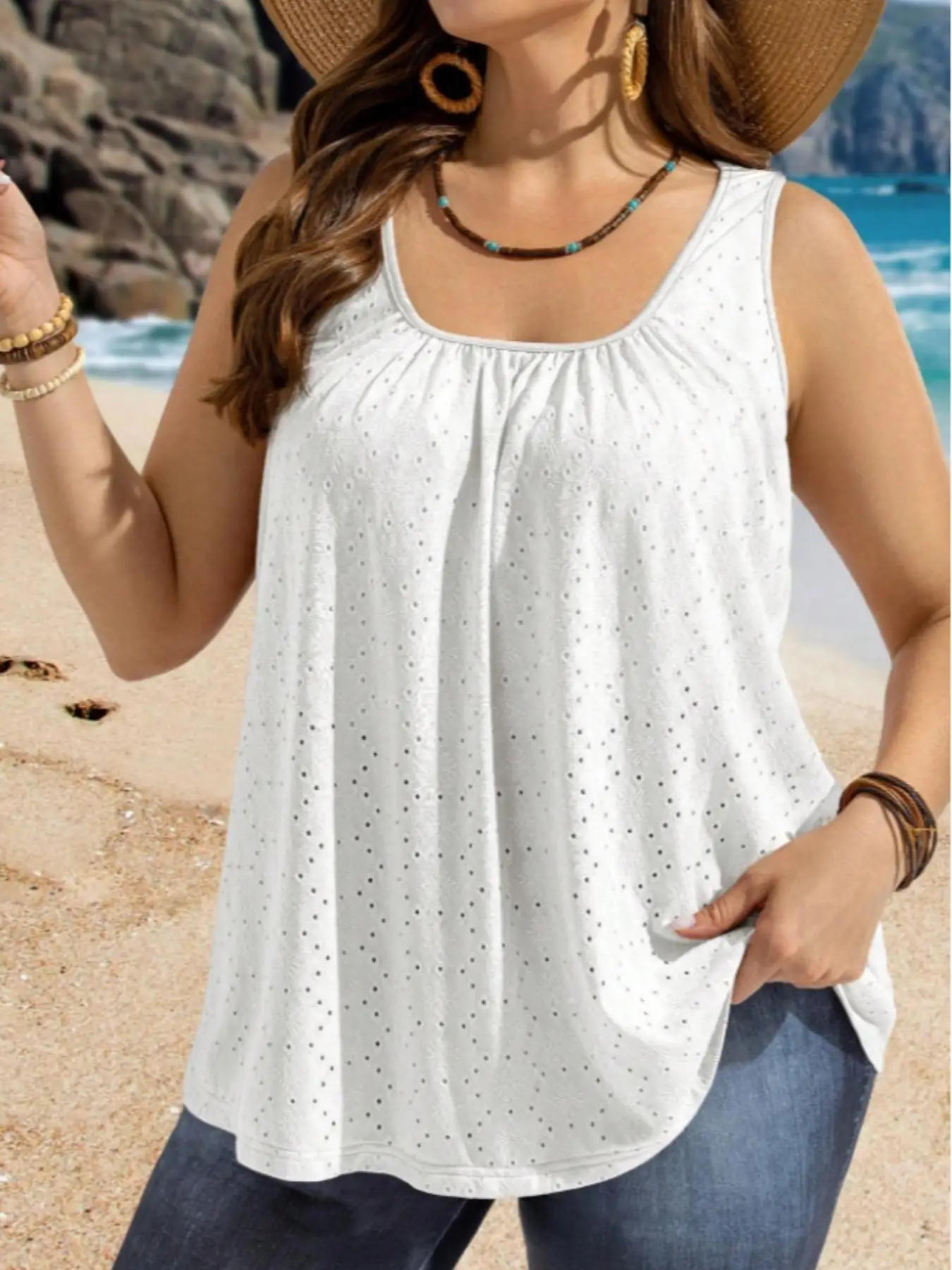 Plus Size Sleeveless Eyelet Embroidered Tank Tops for Women Square Neck Loose Fit Casual Camisoles with Curved Hem