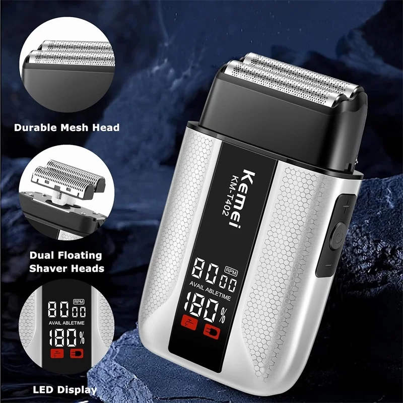 KEMEI T402 Professional Foil Shavers for Men IPX7 Waterproof Electric Razor for Men with LED Display Double Electric Shaver