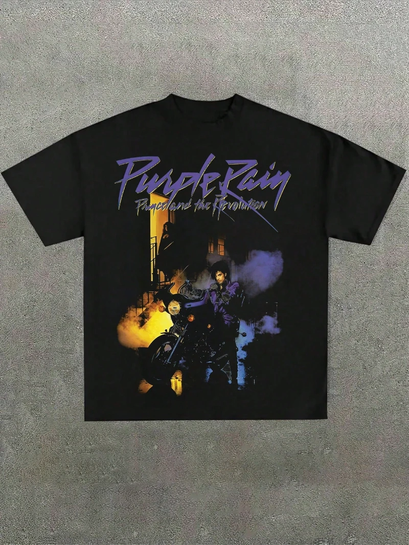 Men's black "Purple Rain" prince pattern street style printed short sleeved T-shirt Four season pure cotton streetwear shirt