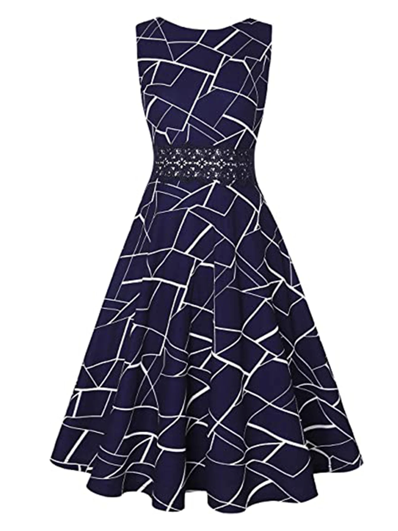 Womens Crew Neck Geometry Summer Embroidery Vintage Office A-Line Sleeveless Casual Artistic Slim Fit And Flare Swing Dress