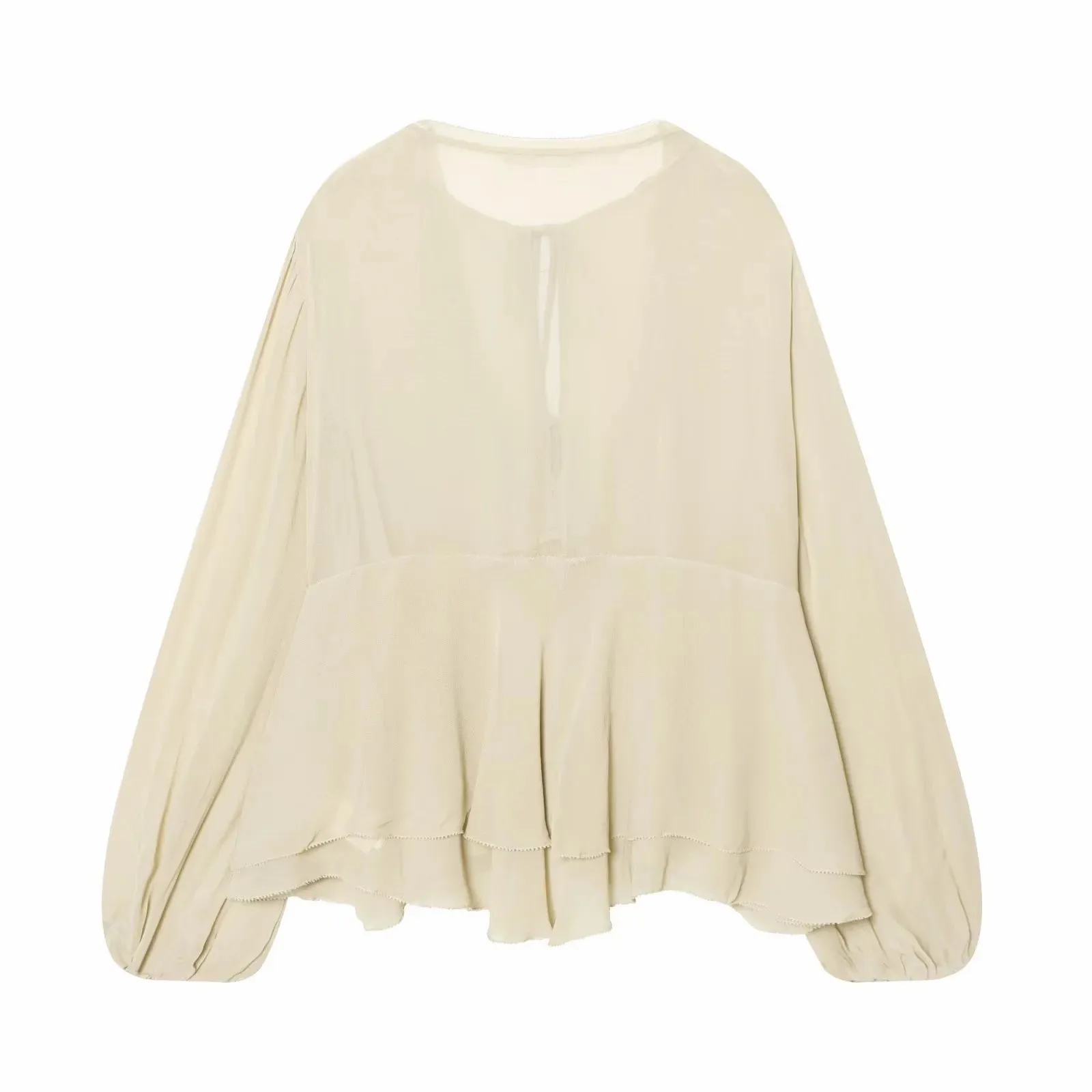 Women Chic Elegant Blouse Woman Casual Layered Fashion Spring Flare Sleeve Pleated Shirt Female O-Neck Shirt