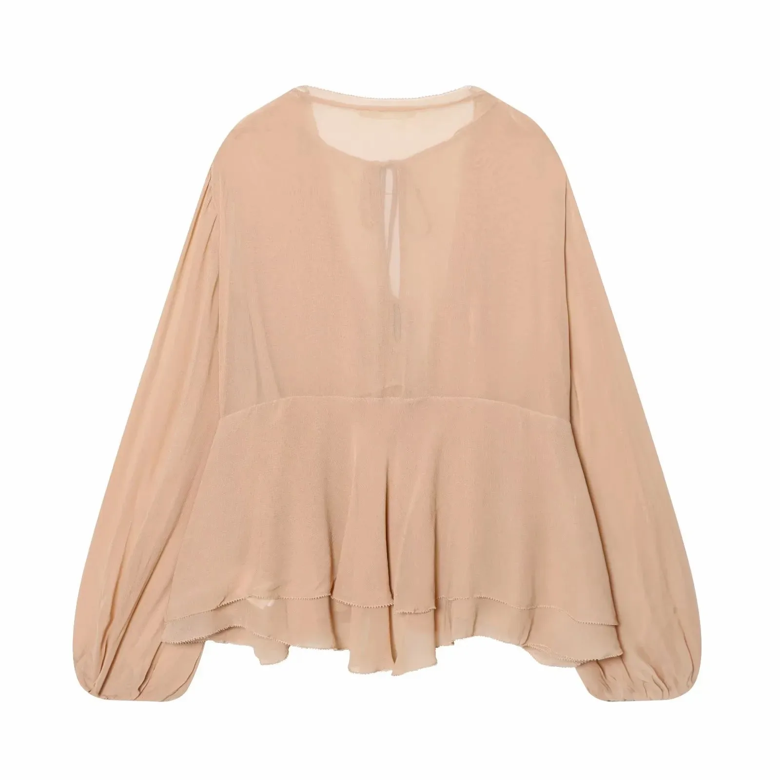 Women Chic Elegant Blouse Woman Casual Layered Fashion Spring Flare Sleeve Pleated Shirt Female O-Neck Shirt