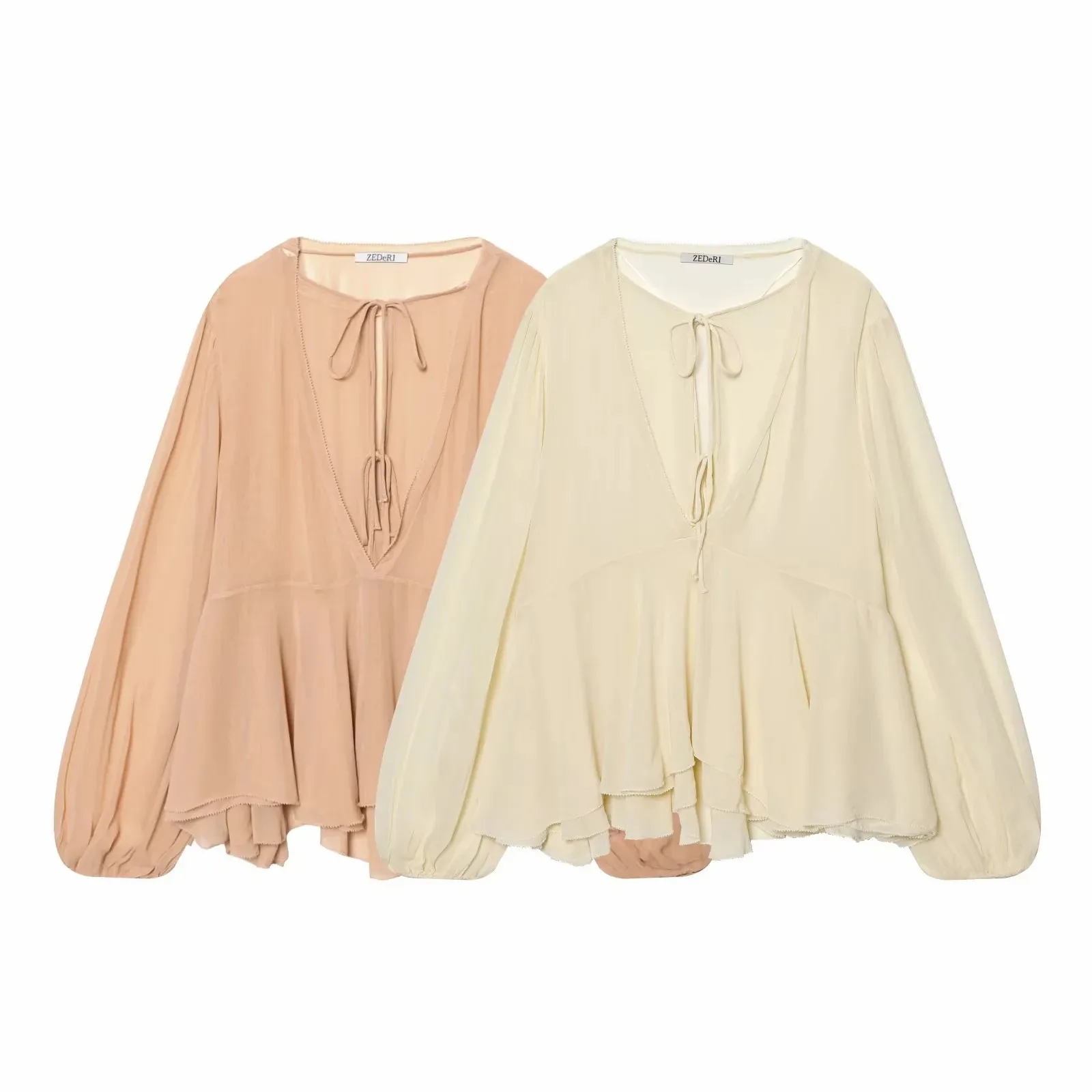 Women Chic Elegant Blouse Woman Casual Layered Fashion Spring Flare Sleeve Pleated Shirt Female O-Neck Shirt