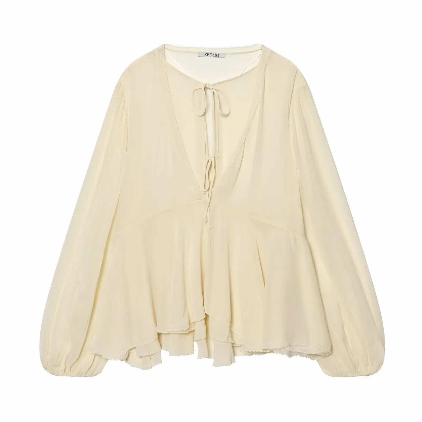 Women Chic Elegant Blouse Woman Casual Layered Fashion Spring Flare Sleeve Pleated Shirt Female O-Neck Shirt