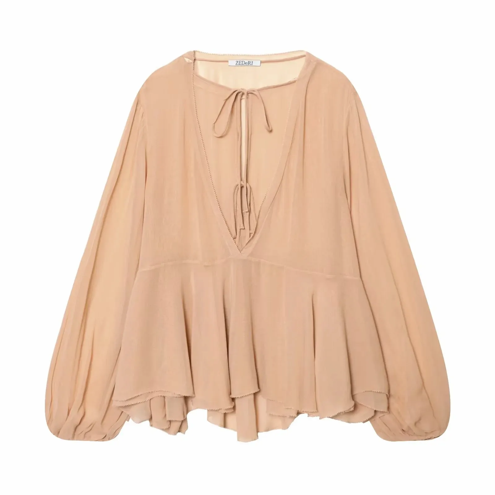 Women Chic Elegant Blouse Woman Casual Layered Fashion Spring Flare Sleeve Pleated Shirt Female O-Neck Shirt
