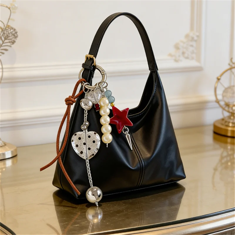 Elegant Shoulder Underarm Bags with Pendant Solid Color Synthetic Leather Handbags for Women Everyday Travel Shopping, Parties
