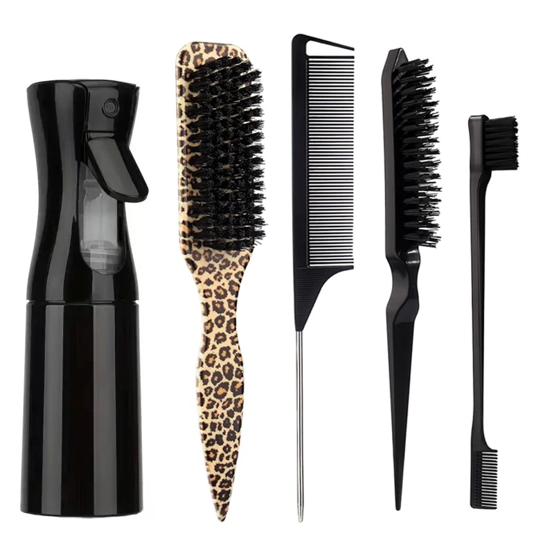 5-Piece Leopard Hair Styling Comb Set with Spray Bottle, Unisex