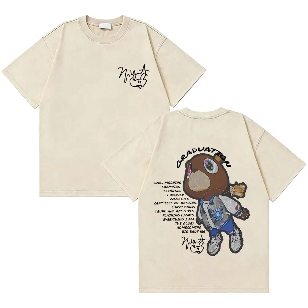 Awesome Rapper Kanye West Graduation Bear Vintage Washed T-shirt Men Women Hip Hop Fashion Trend Short Sleeve T Shirt Streetwear