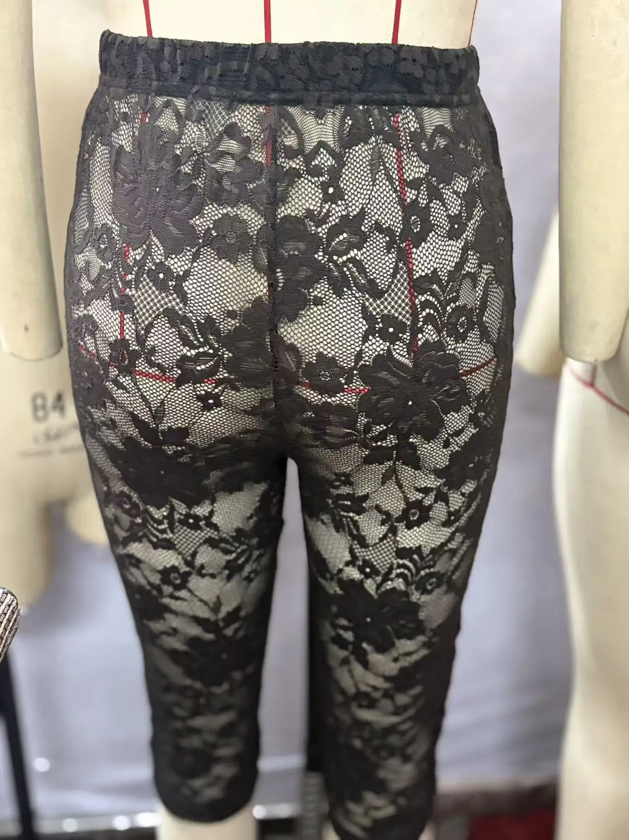 Black Lace Leggings Women's Sensual High-Waisted Sheer Cropped Trousers Lace-Up Holiday Casual Base Layer Trousers