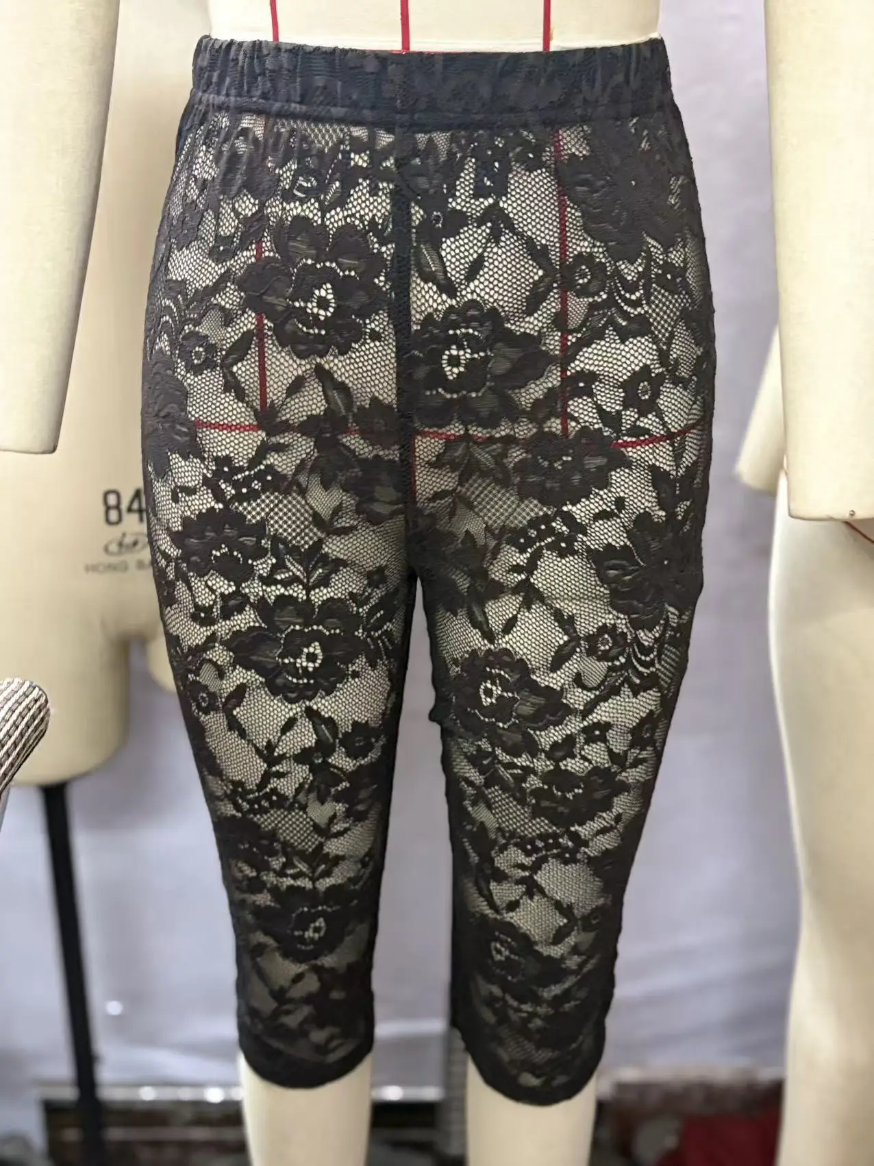 Black Lace Leggings Women's Sensual High-Waisted Sheer Cropped Trousers Lace-Up Holiday Casual Base Layer Trousers