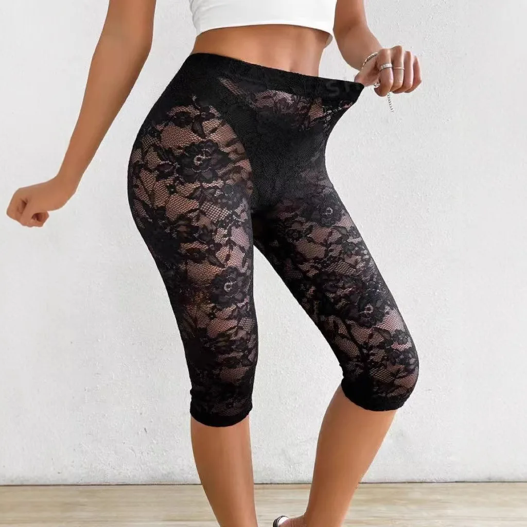 Black Lace Leggings Women's Sensual High-Waisted Sheer Cropped Trousers Lace-Up Holiday Casual Base Layer Trousers