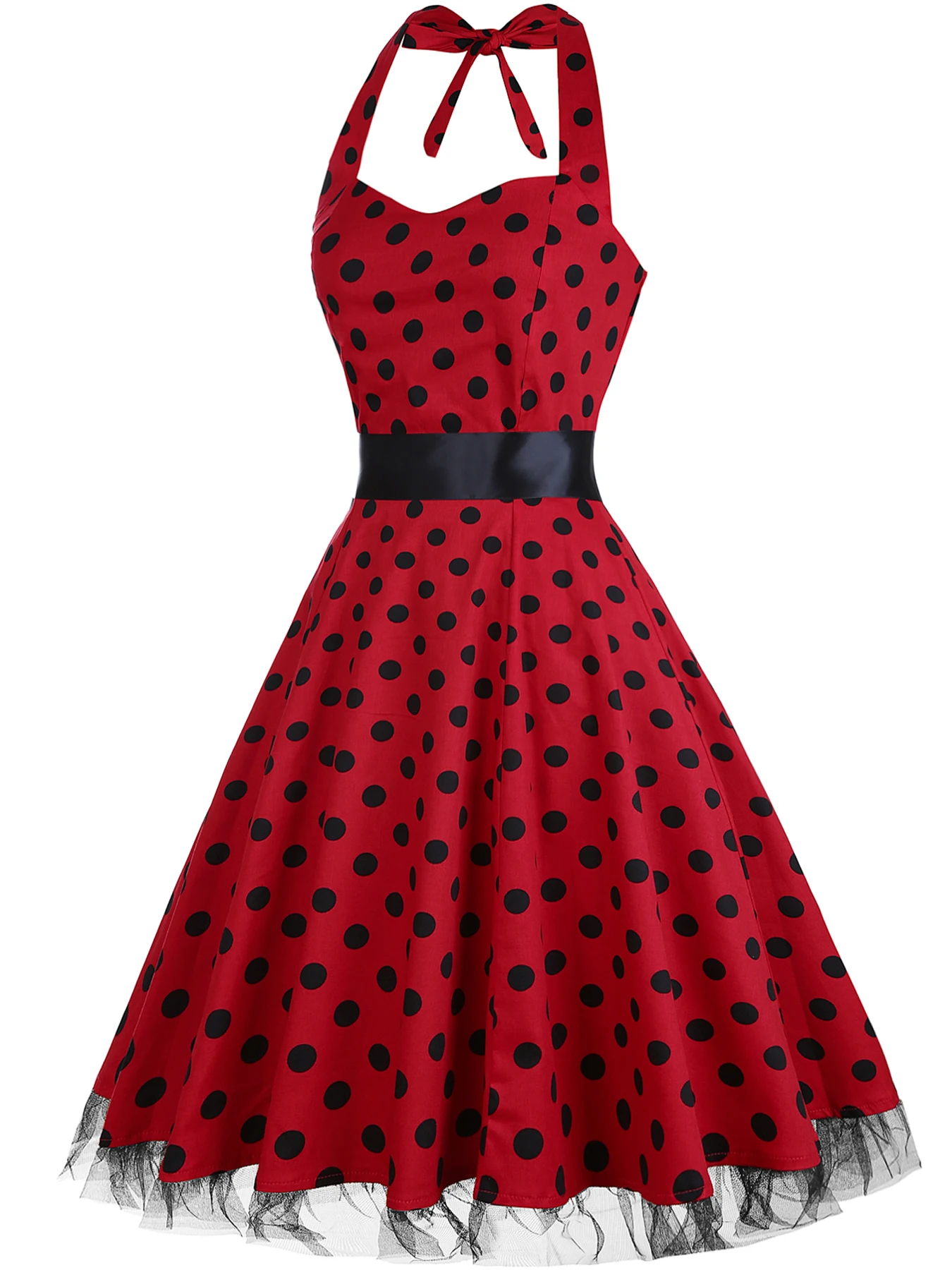 Womens Hepburn Halter Neck Polka Dot Elegant 1950s A-Line Casual Party Fit And Flare Skater Swing Vintage Dress