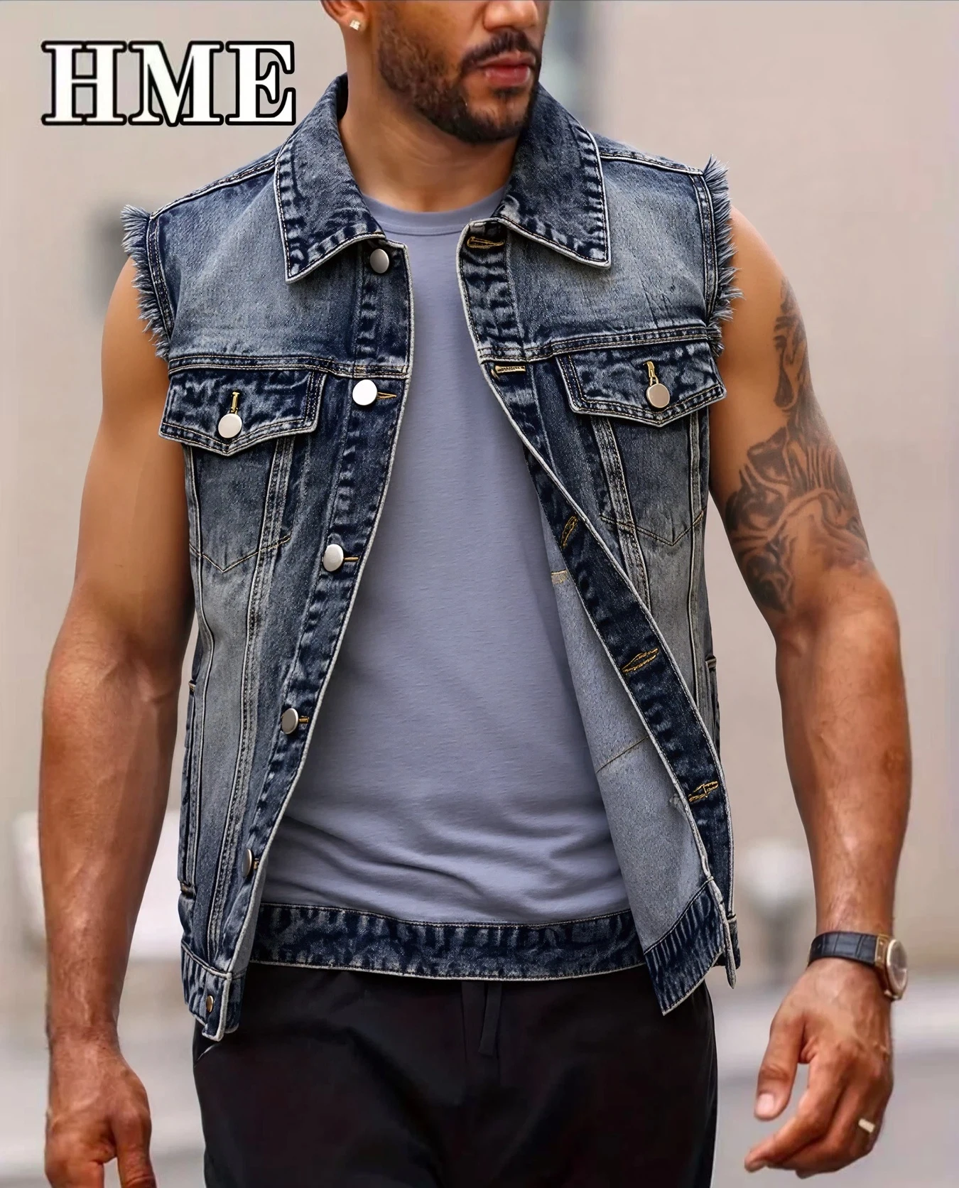 American Streetwear Men's Frayed Denim Vest Vintage Washed Turn Down Collar Sleeveless Jean Jacket Spring Summer