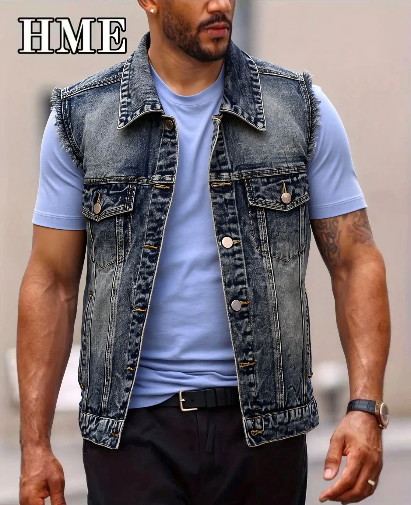 American Streetwear Men's Frayed Denim Vest Vintage Washed Turn Down Collar Sleeveless Jean Jacket Spring Summer