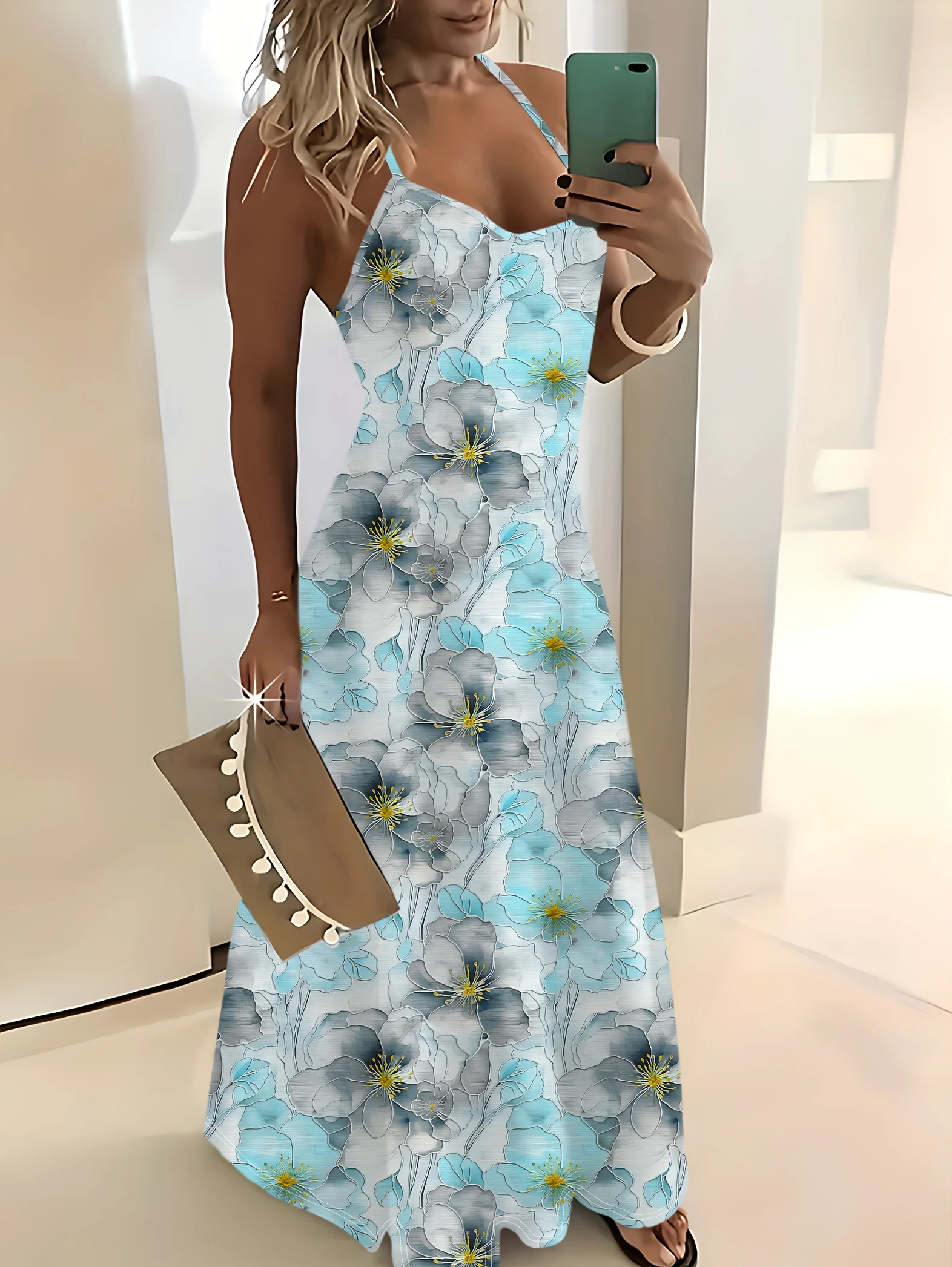 Printed Design casual style Blue Gray Floral Print Pattern crew neck dress