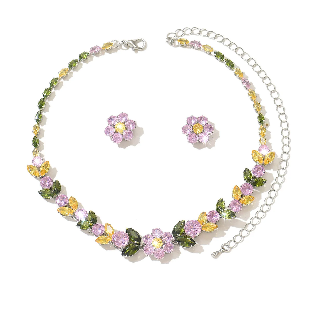 2026 New Floral Earrings and Necklace Set for Women - Trendy Floral Set with Diamond and Zirconia Stones (Instagram Style)