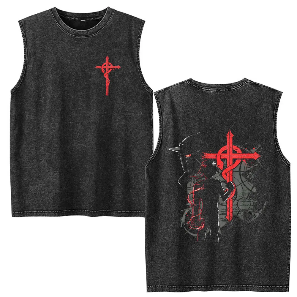 Vintage Washed Anime Fullmetal Alchemist Tank Tops Edward Elric Alphonse Elric T-Shirt Men Women Casual Sleeveless Vest T-shirts