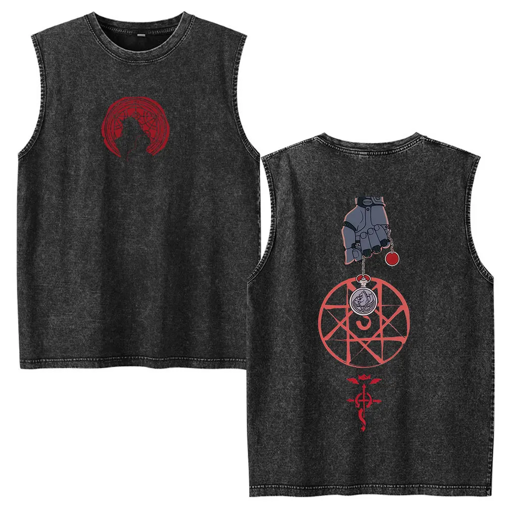 Vintage Washed Anime Fullmetal Alchemist Tank Tops Edward Elric Alphonse Elric T-Shirt Men Women Casual Sleeveless Vest T-shirts