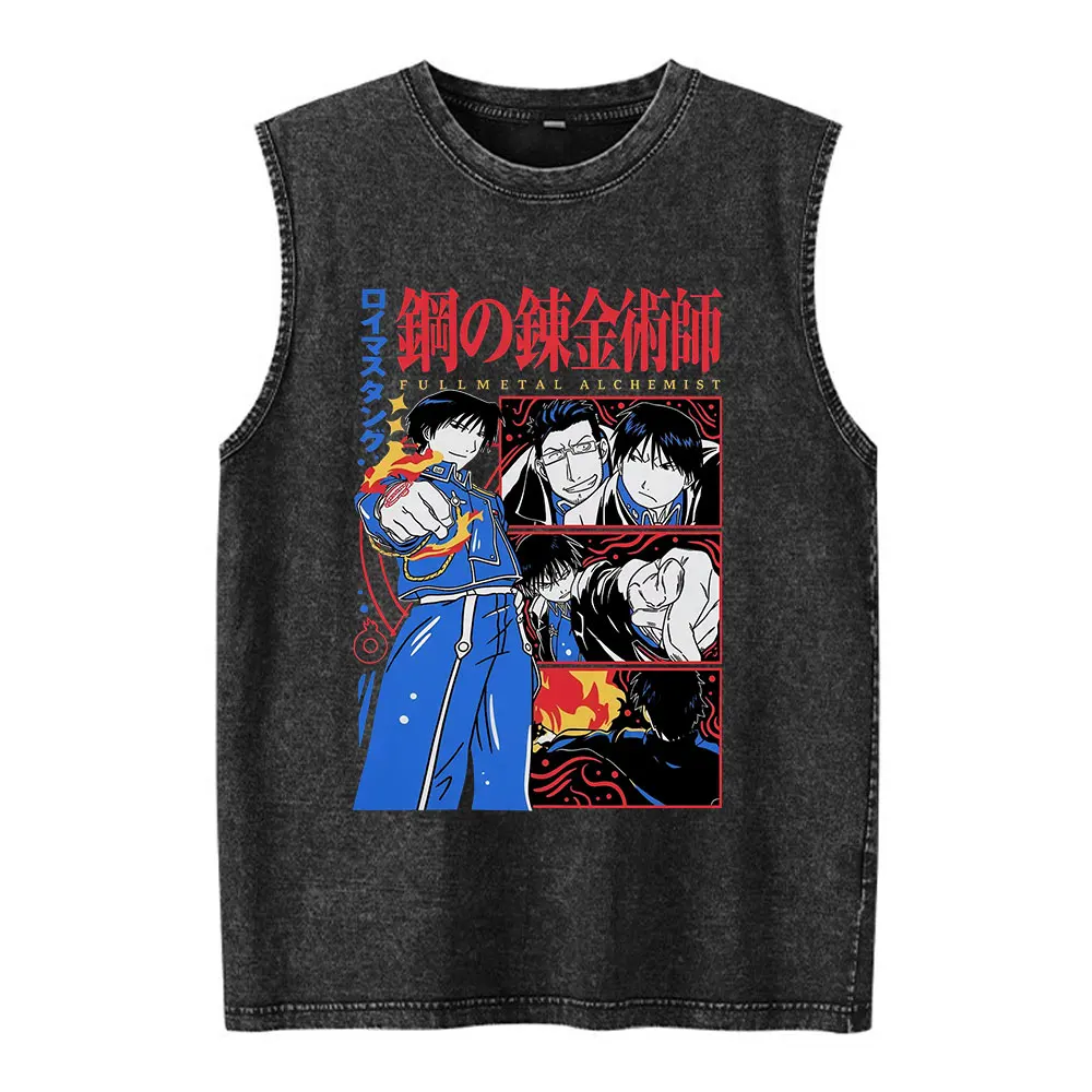 Vintage Washed Anime Fullmetal Alchemist Tank Tops Edward Elric Alphonse Elric T-Shirt Men Women Casual Sleeveless Vest T-shirts
