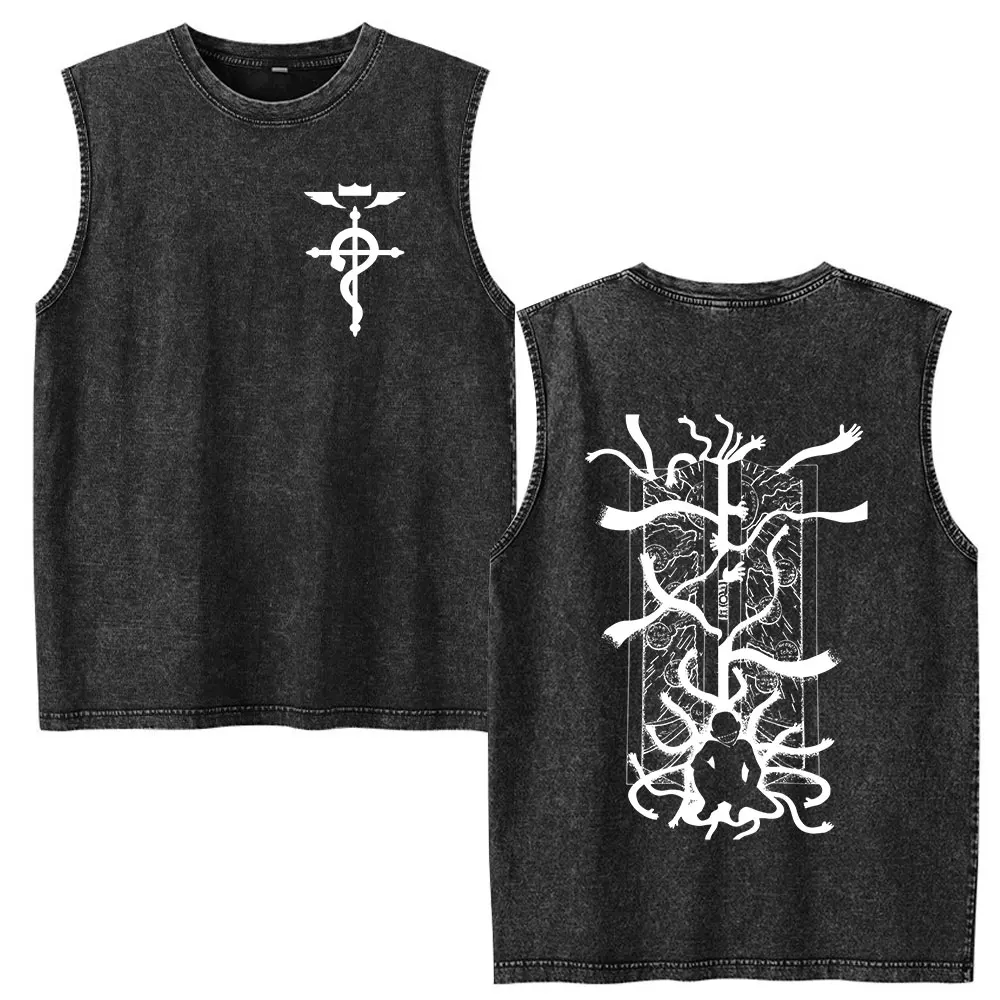 Vintage Washed Anime Fullmetal Alchemist Tank Tops Edward Elric Alphonse Elric T-Shirt Men Women Casual Sleeveless Vest T-shirts