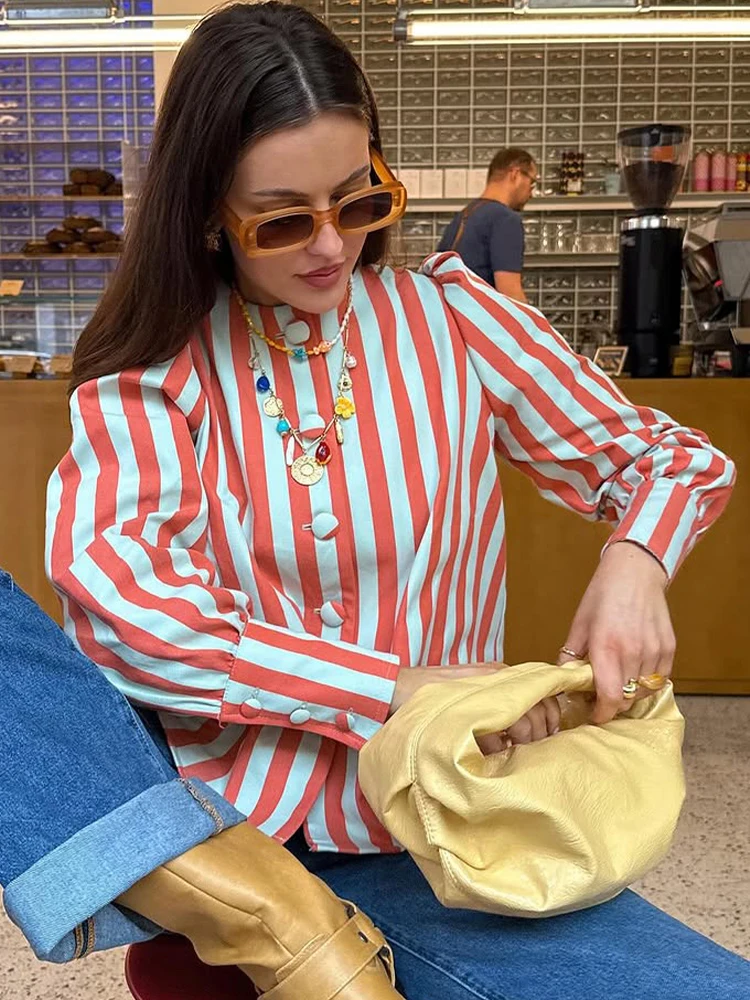 SLTNX New Women's Chic Blouse Loose Stripe Printed Shirt O-neck Bubble Sleeve Single-breasted Simple Casual Blouse