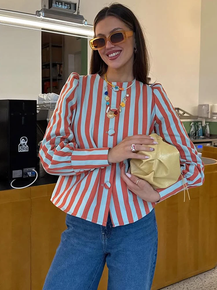 SLTNX New Women's Chic Blouse Loose Stripe Printed Shirt O-neck Bubble Sleeve Single-breasted Simple Casual Blouse