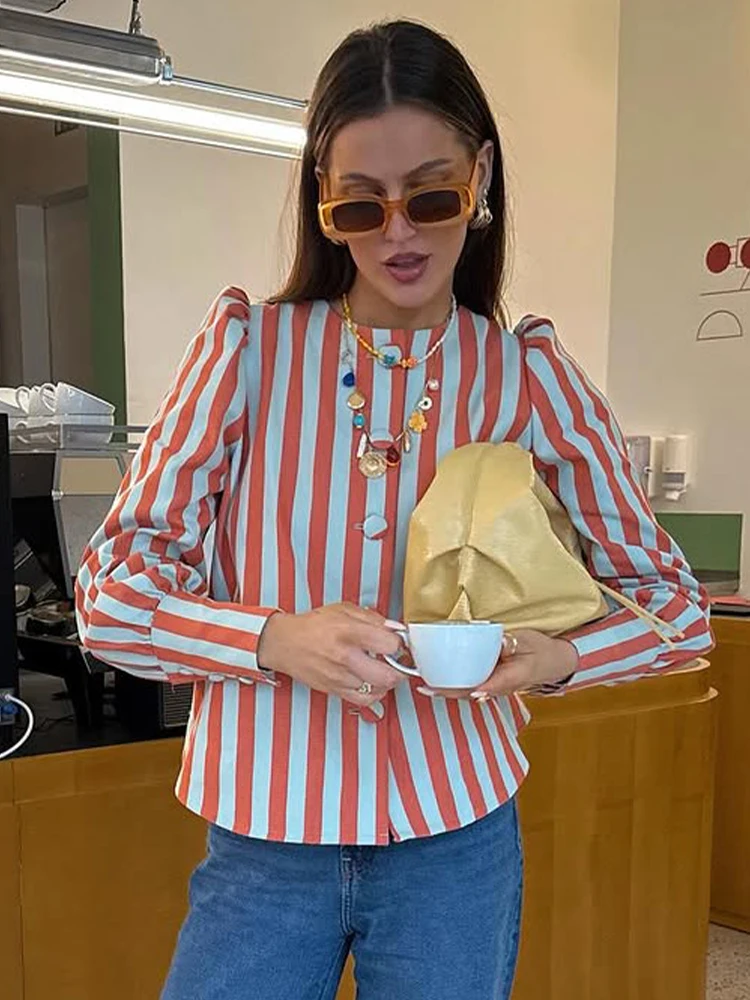 SLTNX New Women's Chic Blouse Loose Stripe Printed Shirt O-neck Bubble Sleeve Single-breasted Simple Casual Blouse