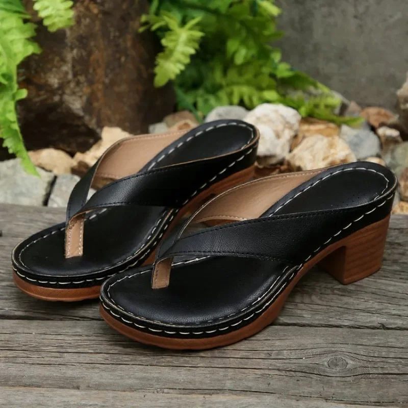 Summer High Heel Shoes for Women 2025 New Sandals Plus Size 43 Outdoor Clip Toe Thick Leisure High Heel Slippers Sandalias Mujer