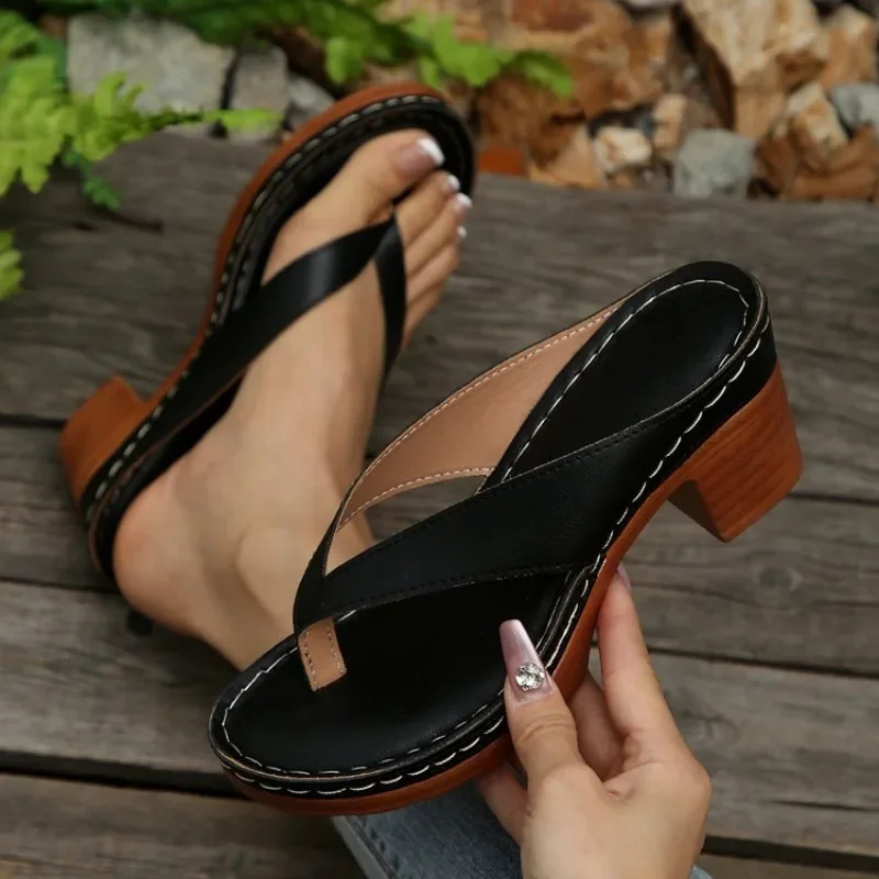 Summer High Heel Shoes for Women 2025 New Sandals Plus Size 43 Outdoor Clip Toe Thick Leisure High Heel Slippers Sandalias Mujer