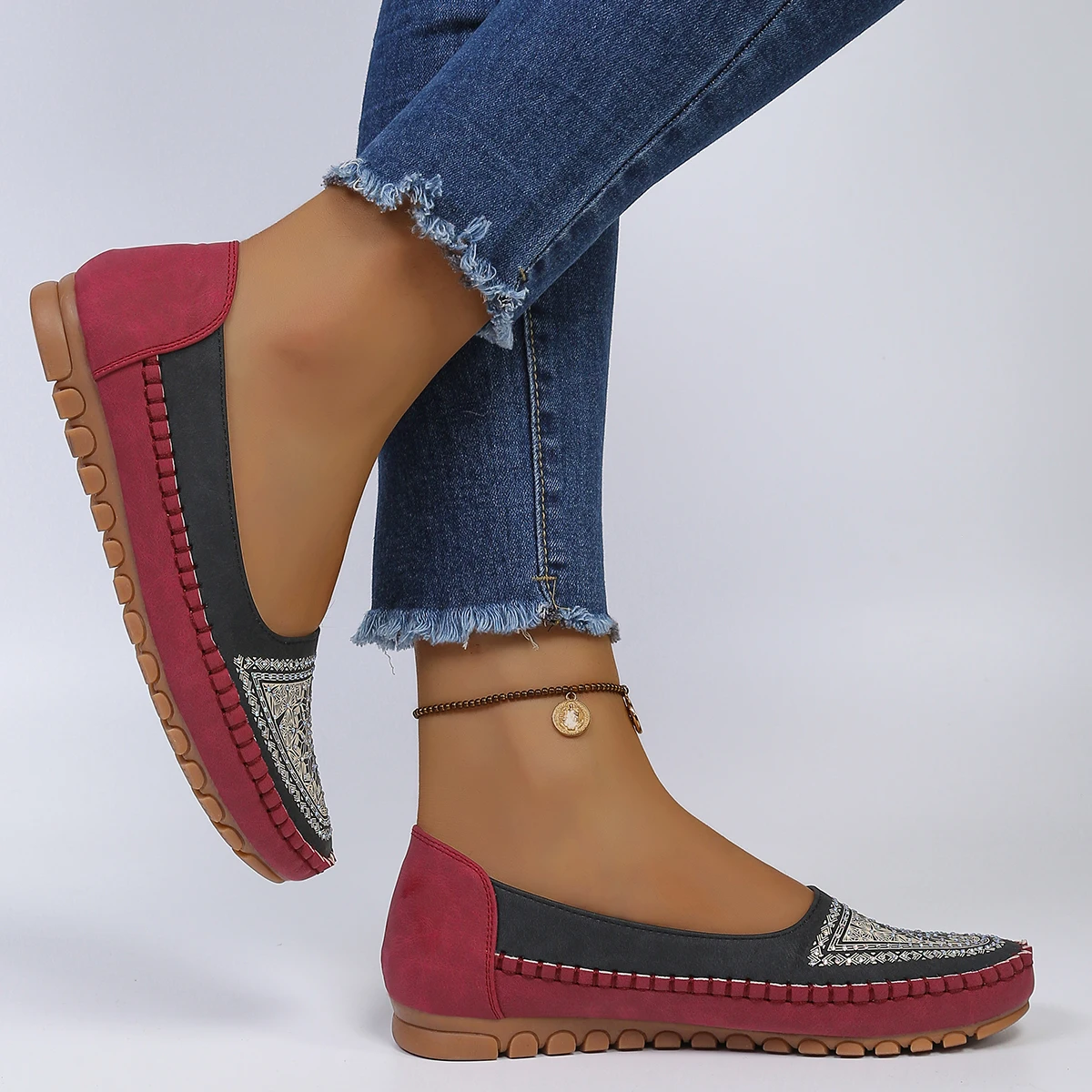 goreyodoly Women Slip On Loafers Wide Fit Comfortable Flats Lightweight Breathable Colorblock Shoes Embroidery Rhinestone Detail