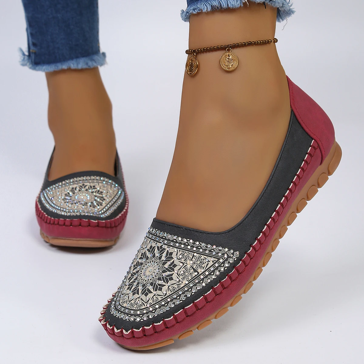 goreyodoly Women Slip On Loafers Wide Fit Comfortable Flats Lightweight Breathable Colorblock Shoes Embroidery Rhinestone Detail