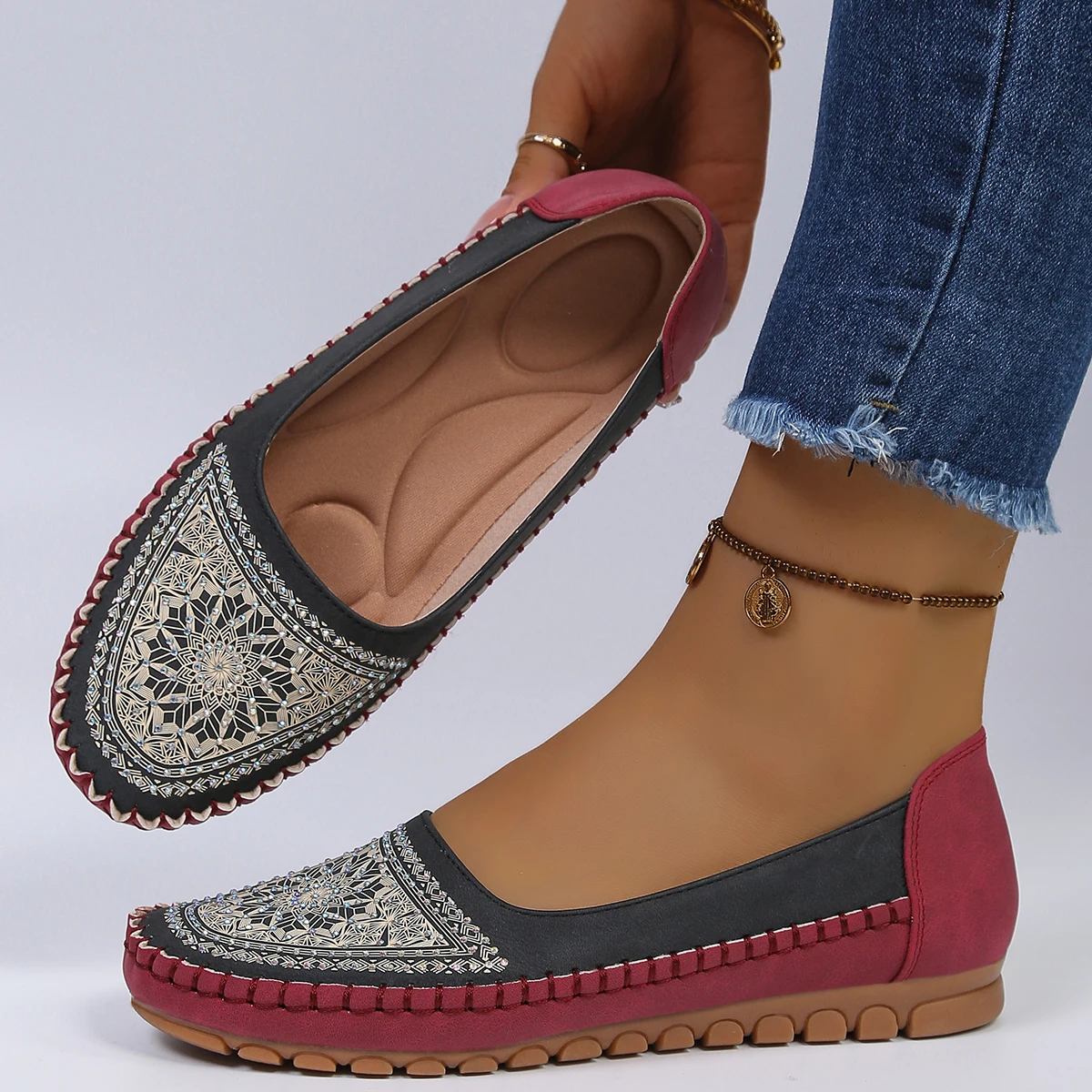 goreyodoly Women Slip On Loafers Wide Fit Comfortable Flats Lightweight Breathable Colorblock Shoes Embroidery Rhinestone Detail