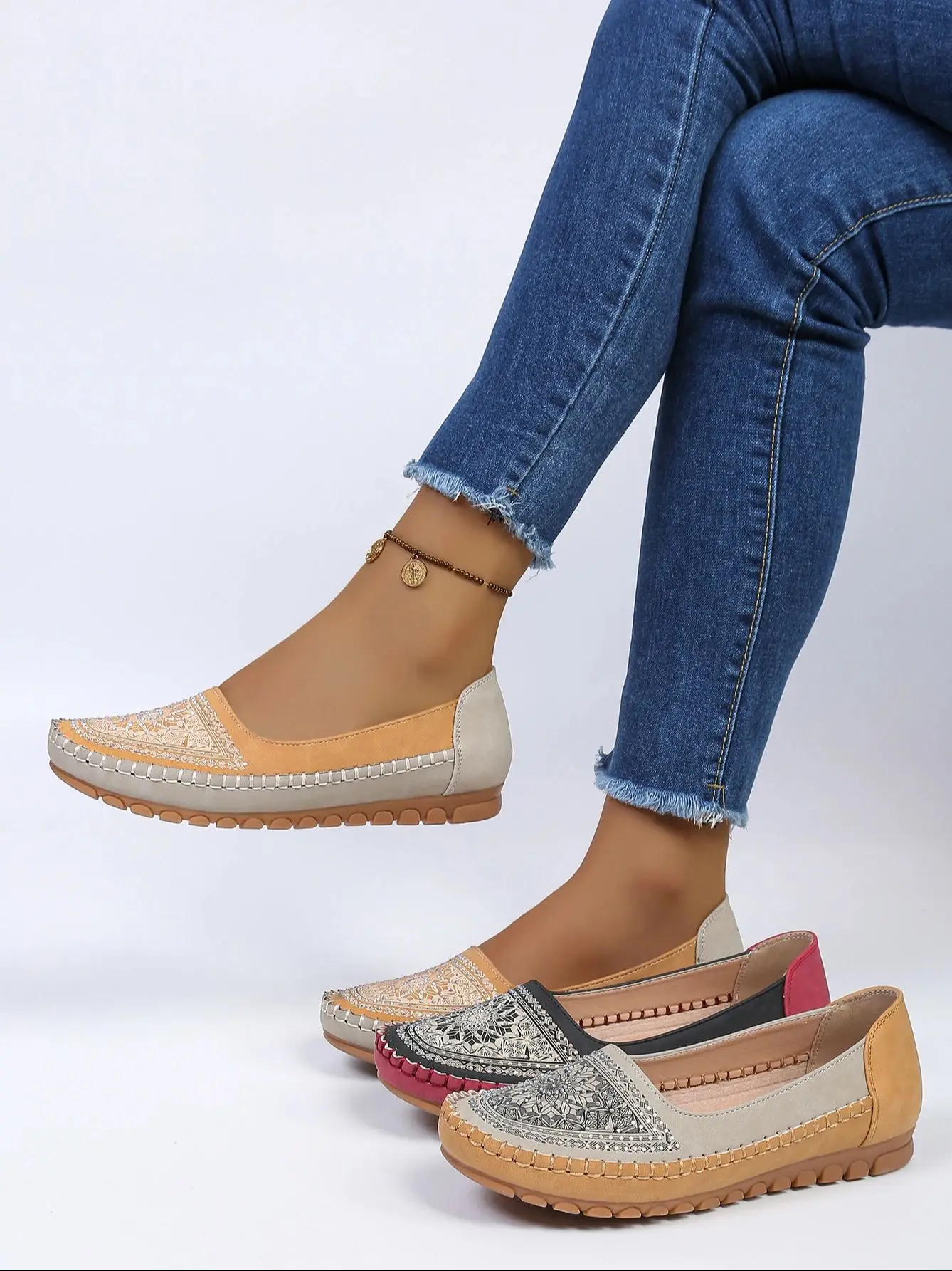 goreyodoly Women Slip On Loafers Wide Fit Comfortable Flats Lightweight Breathable Colorblock Shoes Embroidery Rhinestone Detail