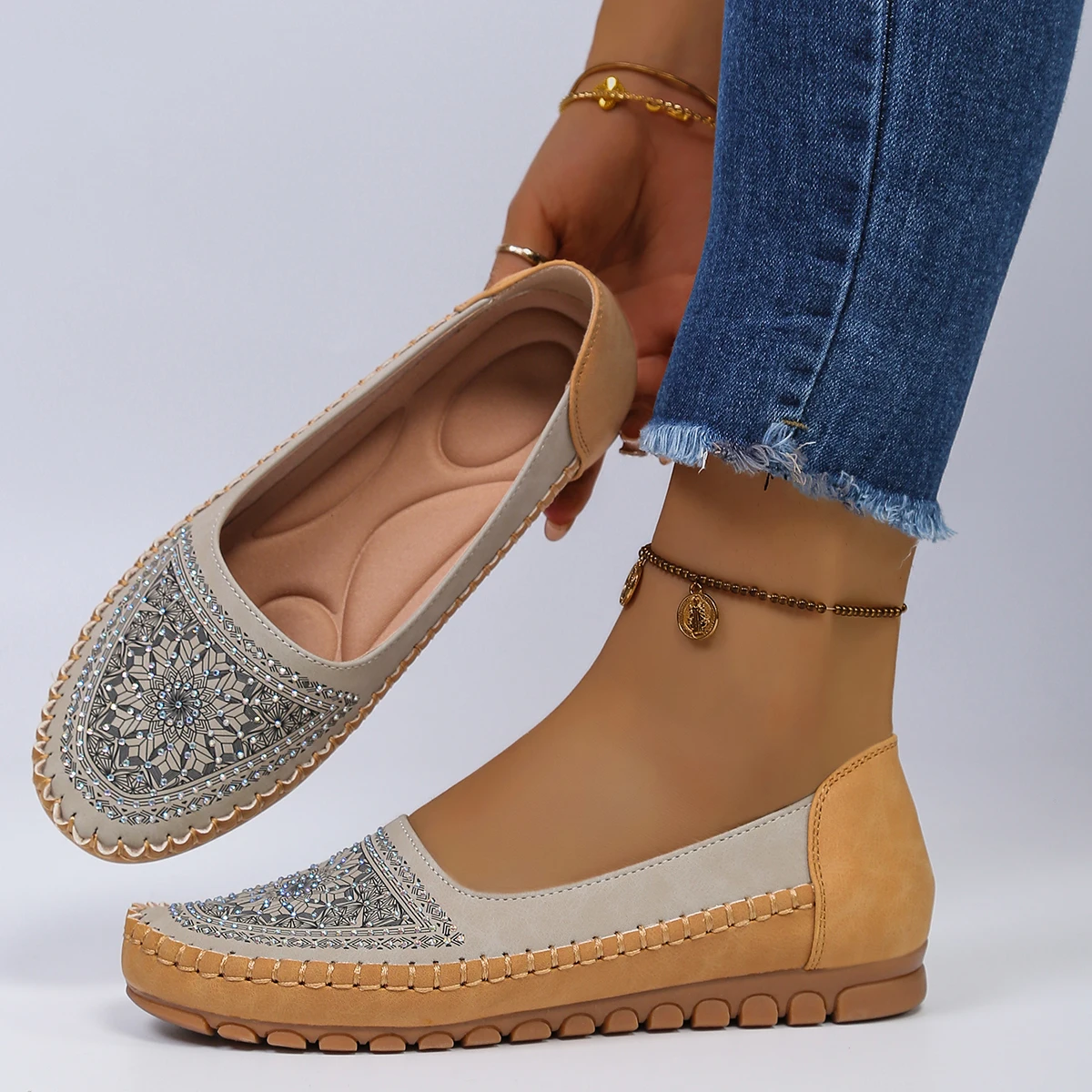 goreyodoly Women Slip On Loafers Wide Fit Comfortable Flats Lightweight Breathable Colorblock Shoes Embroidery Rhinestone Detail