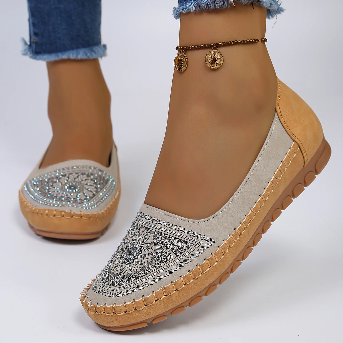 goreyodoly Women Slip On Loafers Wide Fit Comfortable Flats Lightweight Breathable Colorblock Shoes Embroidery Rhinestone Detail