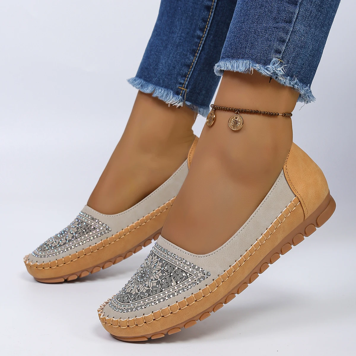 goreyodoly Women Slip On Loafers Wide Fit Comfortable Flats Lightweight Breathable Colorblock Shoes Embroidery Rhinestone Detail