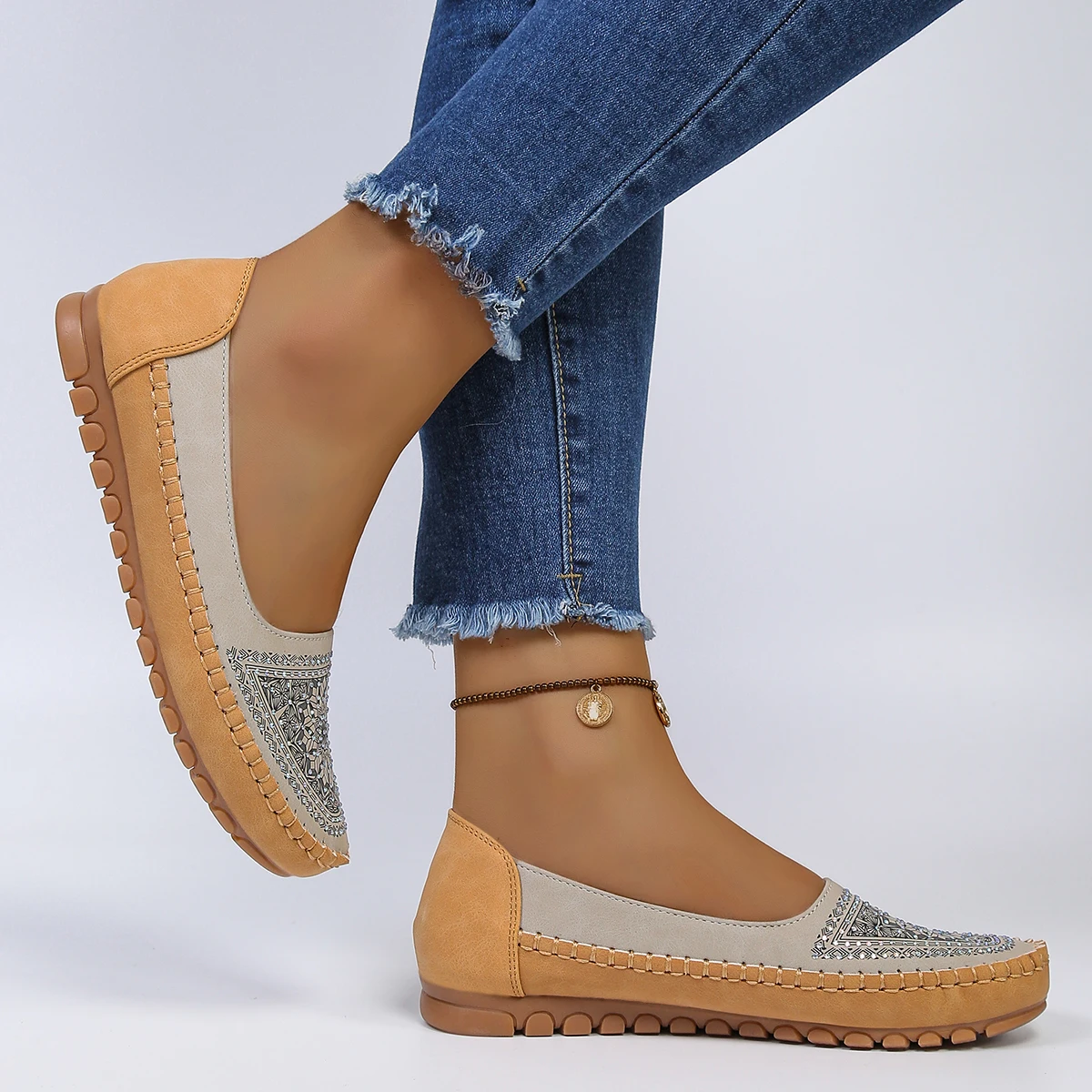 goreyodoly Women Slip On Loafers Wide Fit Comfortable Flats Lightweight Breathable Colorblock Shoes Embroidery Rhinestone Detail