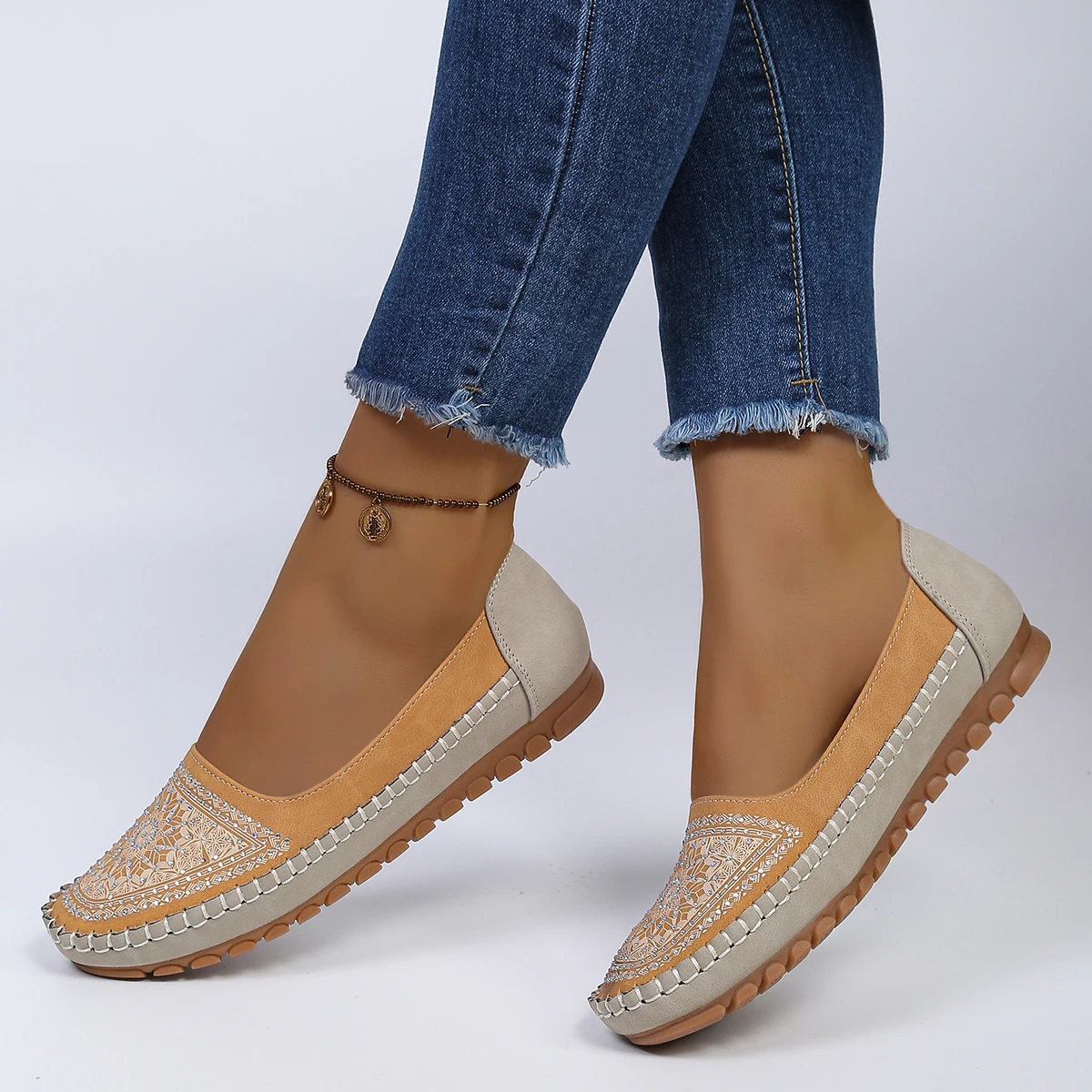 goreyodoly Women Slip On Loafers Wide Fit Comfortable Flats Lightweight Breathable Colorblock Shoes Embroidery Rhinestone Detail