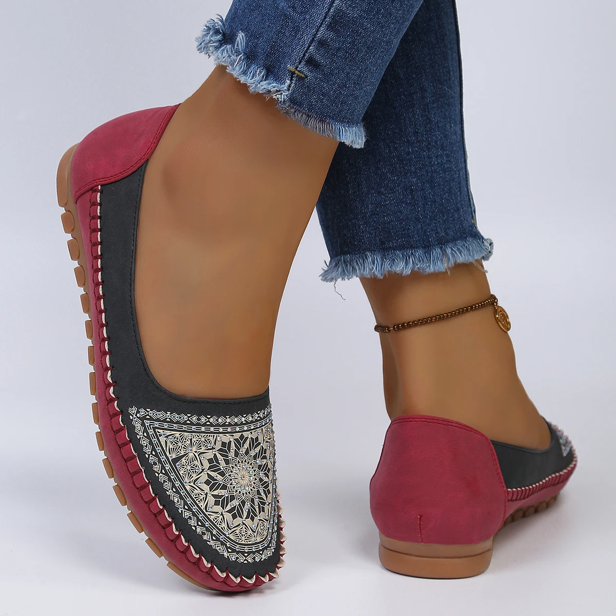 goreyodoly Women Slip On Loafers Wide Fit Comfortable Flats Lightweight Breathable Colorblock Shoes Embroidery Rhinestone Detail