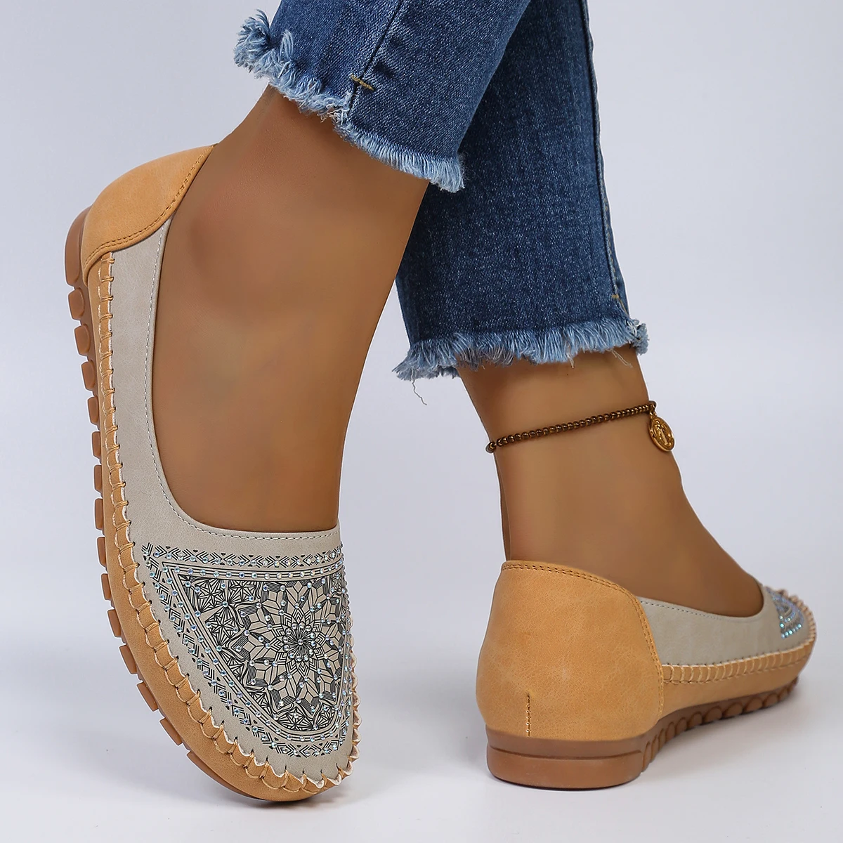 goreyodoly Women Slip On Loafers Wide Fit Comfortable Flats Lightweight Breathable Colorblock Shoes Embroidery Rhinestone Detail