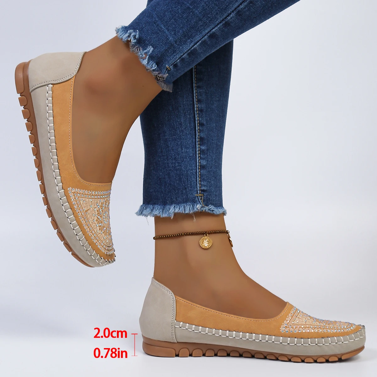 goreyodoly Women Slip On Loafers Wide Fit Comfortable Flats Lightweight Breathable Colorblock Shoes Embroidery Rhinestone Detail