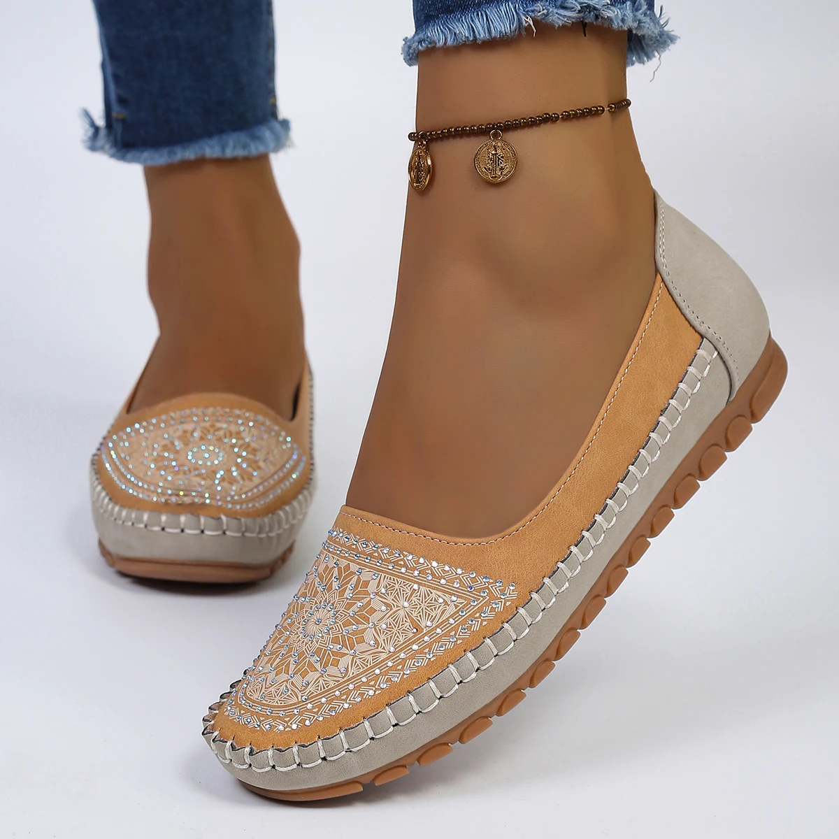goreyodoly Women Slip On Loafers Wide Fit Comfortable Flats Lightweight Breathable Colorblock Shoes Embroidery Rhinestone Detail