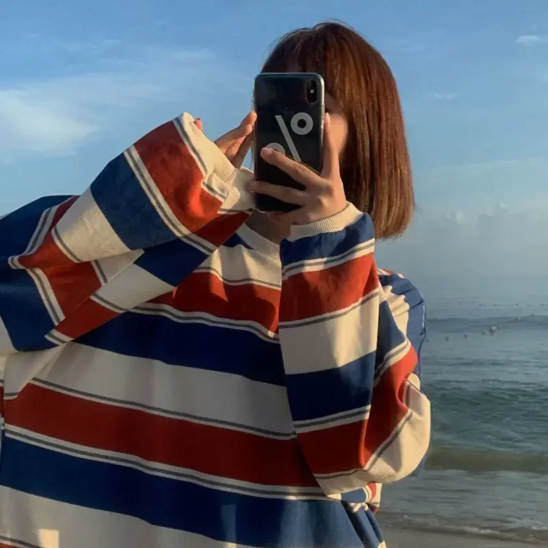 Women T Shirts Woman Clothing Y2k Sweatshirt 2026 Four Seasons Fashion Long Sleeves Tee Loose Couple Graphic Stripe T-Shirt Tops