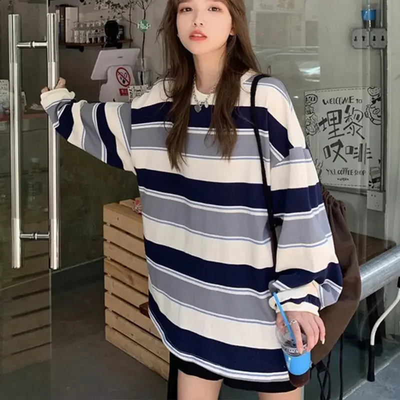 Women T Shirts Woman Clothing Y2k Sweatshirt 2026 Four Seasons Fashion Long Sleeves Tee Loose Couple Graphic Stripe T-Shirt Tops