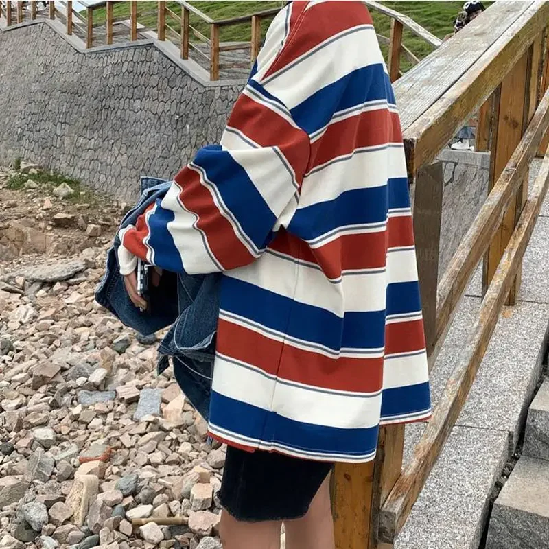 Women T Shirts Woman Clothing Y2k Sweatshirt 2026 Four Seasons Fashion Long Sleeves Tee Loose Couple Graphic Stripe T-Shirt Tops