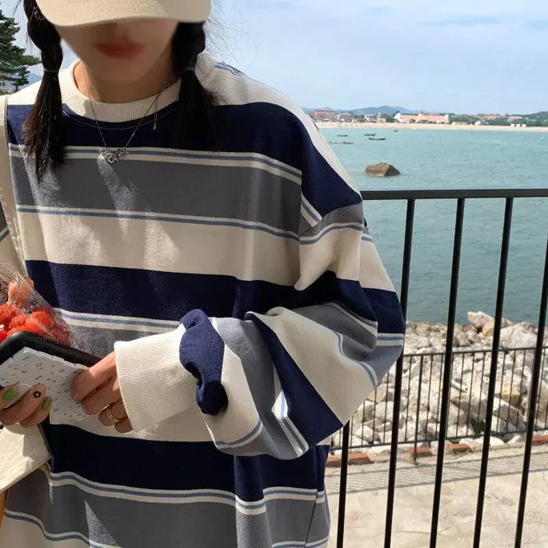 Women T Shirts Woman Clothing Y2k Sweatshirt 2026 Four Seasons Fashion Long Sleeves Tee Loose Couple Graphic Stripe T-Shirt Tops