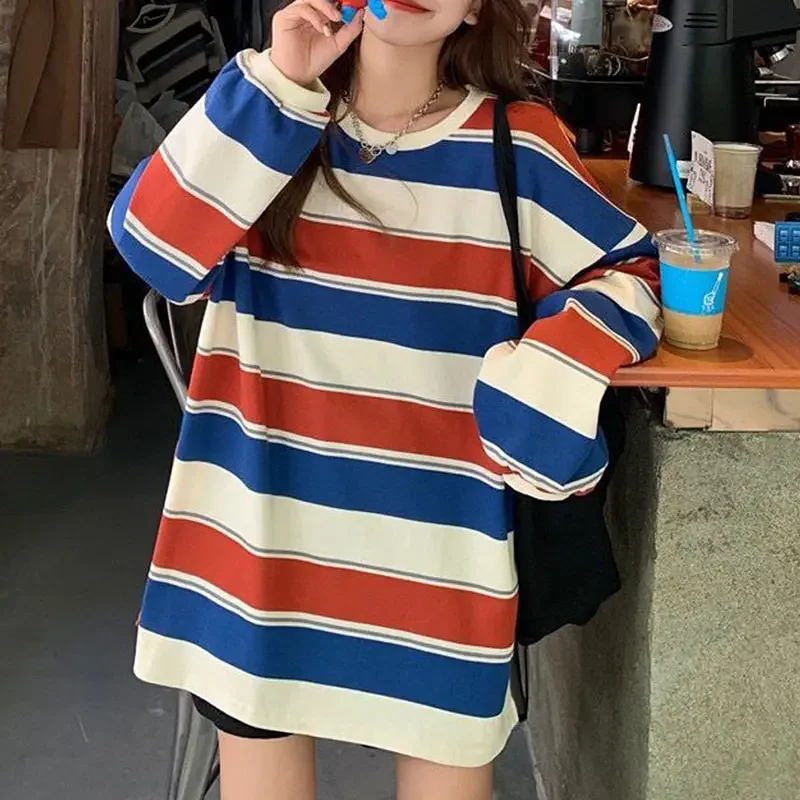 Women T Shirts Woman Clothing Y2k Sweatshirt 2026 Four Seasons Fashion Long Sleeves Tee Loose Couple Graphic Stripe T-Shirt Tops