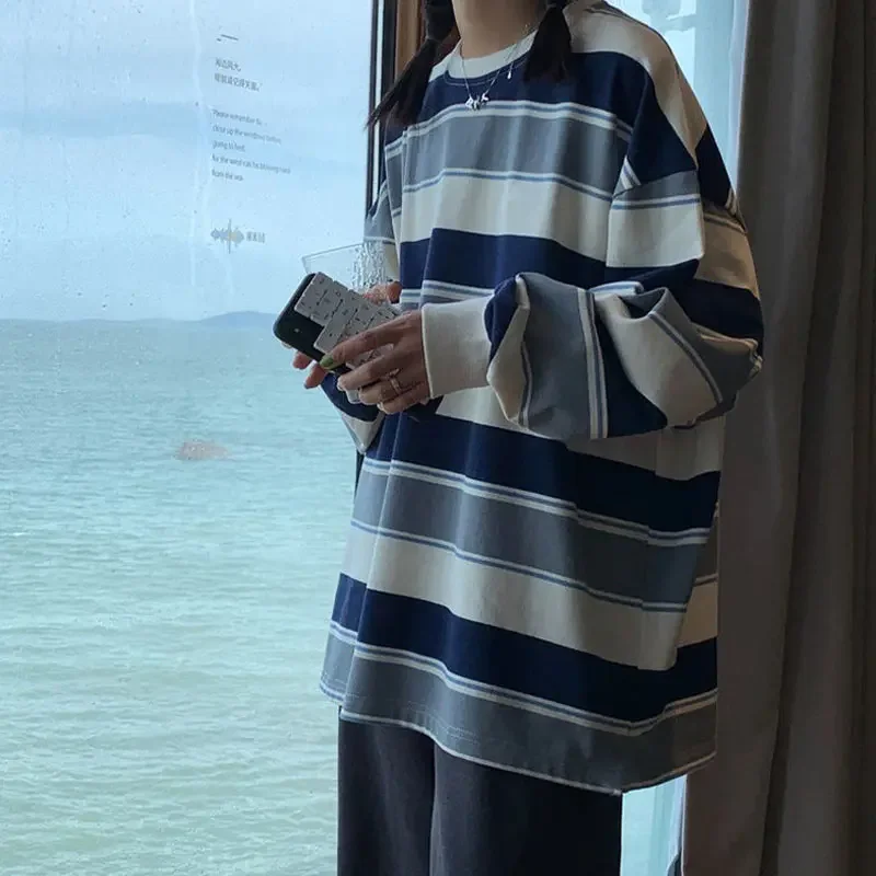 Women T Shirts Woman Clothing Y2k Sweatshirt 2026 Four Seasons Fashion Long Sleeves Tee Loose Couple Graphic Stripe T-Shirt Tops